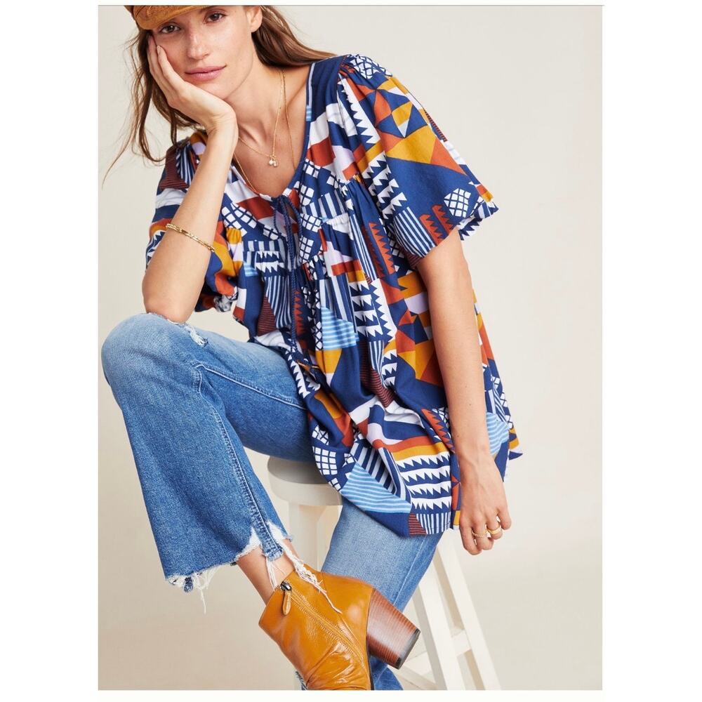 Porridge Geometric Print Boho Peasant Top Navy Blue Orange Short Sleeve‎ Blouse